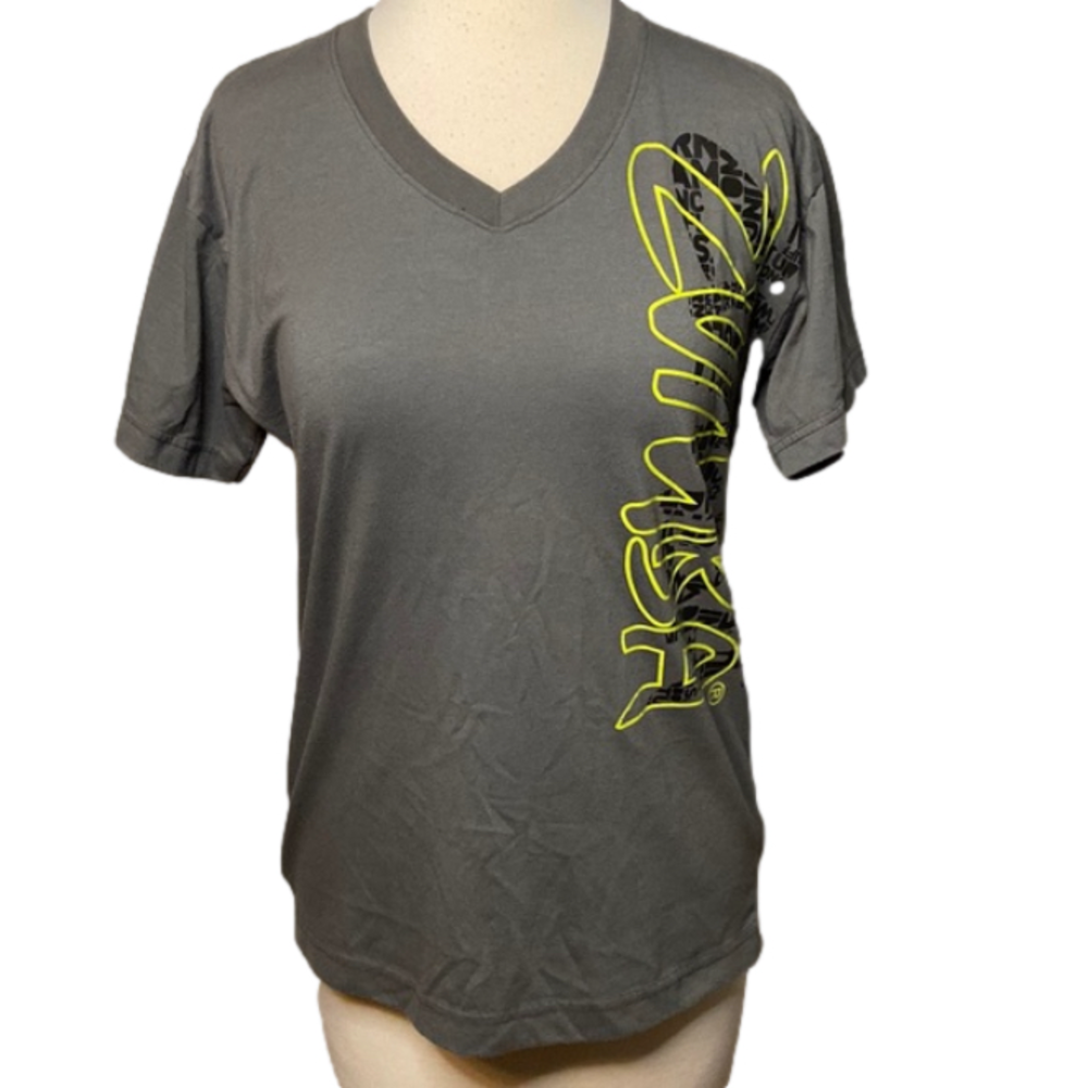 Zumba V-Neck Tee Shirt Gray Short Sleeve Small
